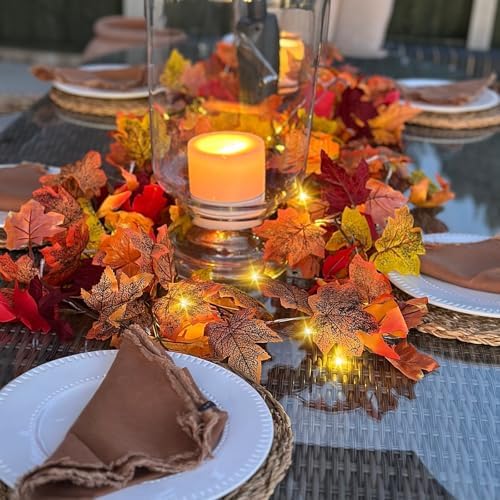CQURE 12 Pack Fall Leaf Garland,Artificial Fall Vines Autumn Garland Fall Maple Leaves Thanksgiving Decor for Home Wedding Fireplace Christmas(Light..) - Image 4