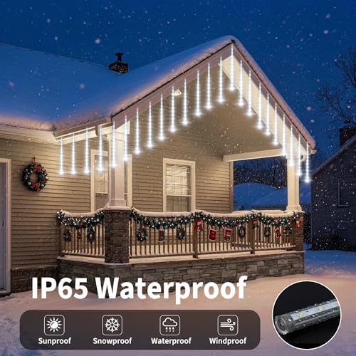 EXF Solar Meteor Shower Lights 16 Tubes Christmas Lights Outdoor Cool White - Image 3
