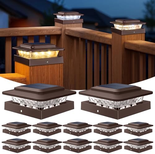 kolpop 4x4 Solar Post Cap Lights Outdoor 12Pack- 3 Color Temperatures&2 Level Brightness, IP65 Waterproof, 16 LED Fence Deck Post Light Solar Powered Only for 4×4/3.5×3.5 Wood/Vinyl Posts(Brown) by kolpop
