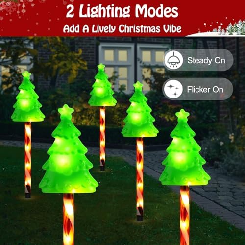 Lewondr Solar Christmas Pathway Lights, 5 PCS Solar Christmas Decorations Outdoor with 2 Lighting Modes, Xmas Tree Lights with Red Pole and Garden Stake, Waterproof Garden Lawn Patio Holiday Decor - Image 4