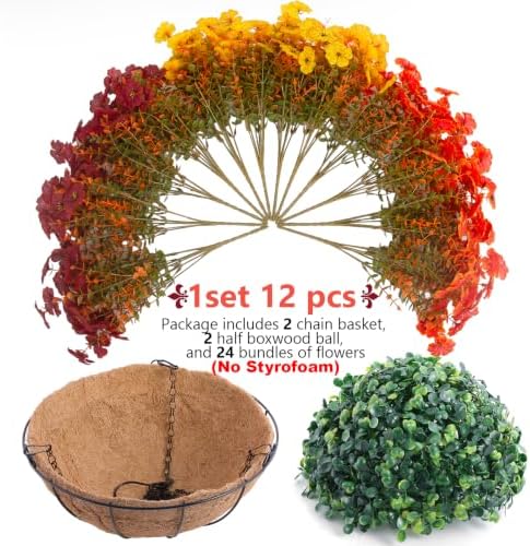 Hananona 2 Set Artificial Outdoor Fall Flowers with Hanging Basket, 2 Packs Hanging Planters with 24 Pcs Faux Fall Mums for Autumn Front Porch Garden Patio Home Decor (2, Orange,Yellow,Burgundy) - Image 3