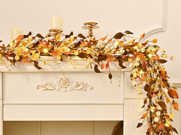 Fall Decor, Fall Garland with Lights, 9FT Autumn Eucalyptus Leaves Lighted Garland Thanksgiving Harvest Festival Decorations for Home Mantle Porch Outdoor Indoor Wedding Table Wall Arch Decor - Image 6