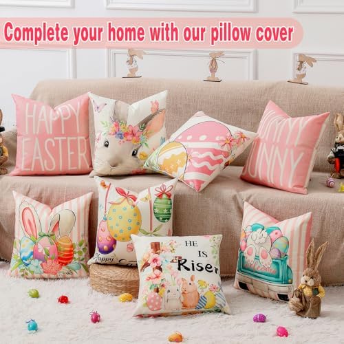 multiwins 8-Sided Easter Pillow Covers Set of 4 with 2 Wooden Bunny Decorations, 18 x 18 Inch Reversible Decor with Bunny, Floral Eggs & “He is Risen” Prints for Indoor/Outdoor, Spring Holiday Decor - Image 4