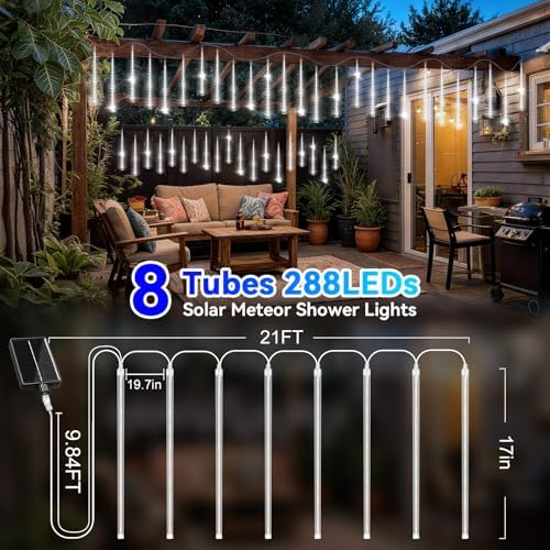 KNONEW Solar Meteor Shower Lights, 8 Tubes 288 LED Christmas Lights Outdoor Waterproof Falling Raindrop Lights for Xmas Tree Christmas Decorations Wedding Party Holiday Yard Garden Decor(Cool White) - Image 5