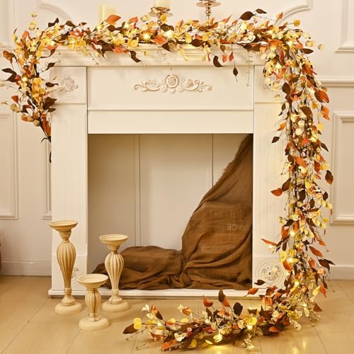 Fall Decor, Fall Garland with Lights, 6FT Autumn Eucalyptus Leaves Lighted Garland Thanksgiving Harvest Festival Decorations for Home Mantle Porch Outdoor Indoor Wedding Table Wall Arch Decor - Image 5