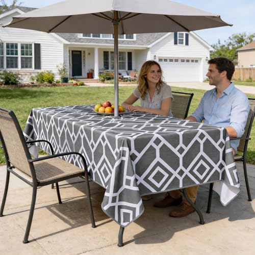 LUSHVIDA Moroccan Outdoor Tablecloth with Umbrella Hole, 60x84 Inch Grey - Image 2