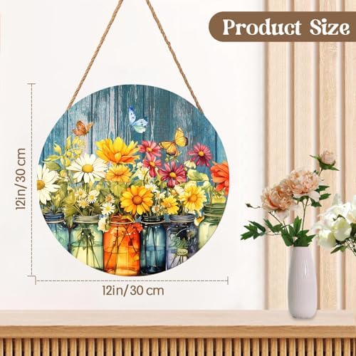 Harooni Spring Summer Floral Door Sign Decor Spring Welcome Wreaths for Front Door Summer Wildflower Vase Butterfly Wood Wreath Farmhouse Front Door Hanger Sign for Indoor Outdoor Decor 12 Inch - Image 2