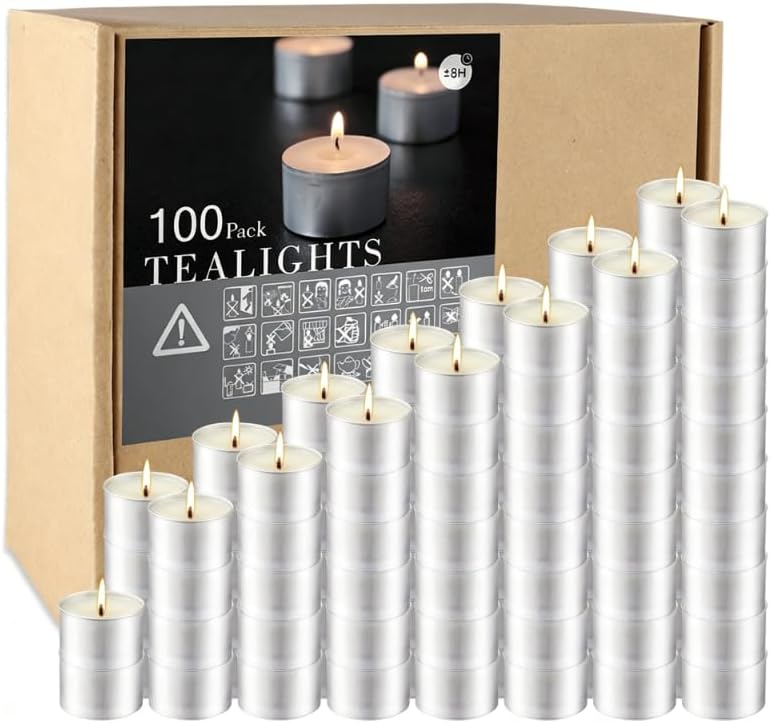 100 Pack Long Burning Tealight Candles, 8-Hour Unscented Smokeless Dripless White Votive Candles, Bulk Set for Shabbat, Weddings, Christmas, Religious Ceremonies, Home Decor & Special Events by Aamdkcyu