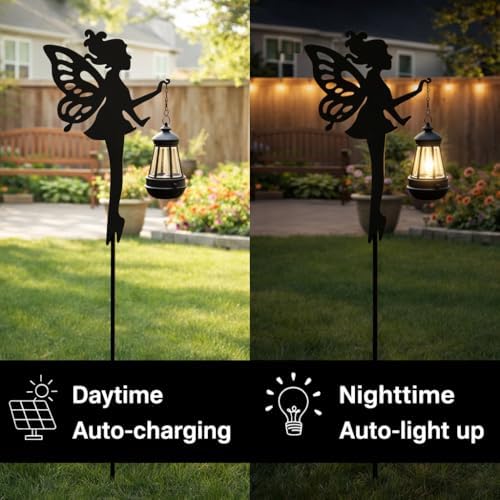 Solar Fairy Garden Accessories Outdoor 1 Pair - Metal Stakes Decorative Figurines Housewarming Ornament for Patio, Lawn, Yard, Pathway - Unique Gift Ideas for Mom Grandma (Warm Lighting) - Image 4