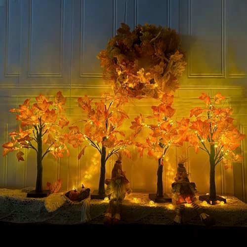 4Pcs 2FT Lighted Maple Tree 96LED Artificial Fall Tree Decor for Thanksgiving Harvest Home Decoration by Gorgeoos
