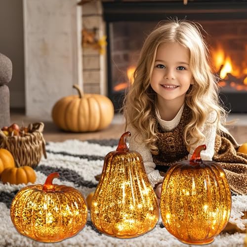 Bdor Mercury Glass Pumpkin Light, Fall Harvest Thanksgiving Halloween Decor - Image 6