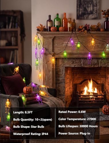 8.5FT 10 LED Outdoor Halloween Skeleton String Lights Plug In, Waterproof - Image 5