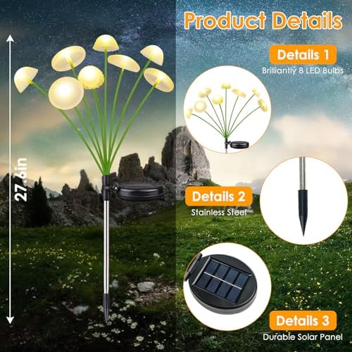 KAQ Solar Garden Lights Outdoor 6PK 48LED, Mushroom Solar Lights Outdoor, IP65 Waterproof Firefly Light Outside Decor for Patio Pathway, Sway by Wind for Pathway Garden Decorations, Warm White - Image 4