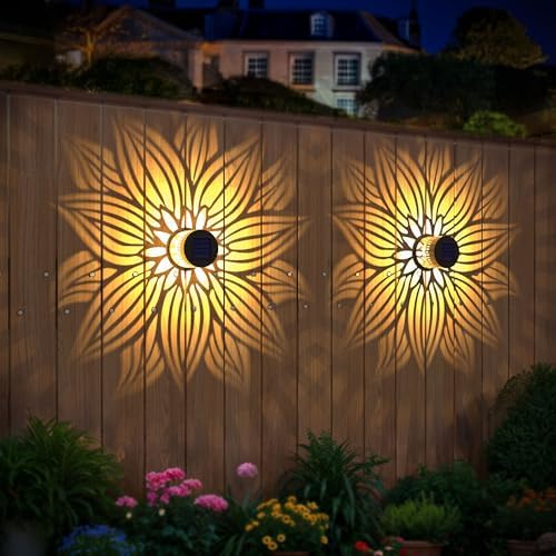 Hapjoy Solar Fence Lights 2 Pack Outdoor Deck Step Wall Lights Metal Waterproof LED Warm Yellow Light for Garden Post Patio Backyard Yard Decor (Flower, 2) - Image 2