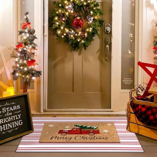 Duraaamo 2 Pcs Merry Christmas Door Mat Outdoor Christmas Nature Coir Welcome Rug Red White Striped Outdoor Rug for Xmas Front Porch Indoor Entrance Decor - Image 2