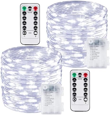 2 Pack 100 LED Fairy Lights Battery Operated with Remote, 33 FT Cool White by BOSSERN