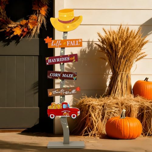 Lighted Wood Hello Fall Porch Sign,Fall Welcome Porch Decor,Autumn Maple Pumpkin Truck Sweater Weather Standing Wooden Signs for Harvest Thanksgiving Decor - Image 2