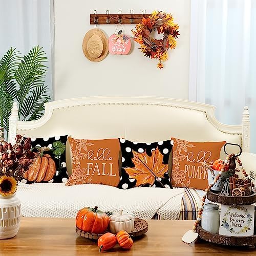 GEEORY Fall Decorative Throw Pillow Covers 18 x 18 Inch Set of 4, Hello Pumpkin Maple Leaves Fall Decor Outdoor Farmhouse Pillow Cases for Home Couch (Orange Color) G339-18 - Image 2