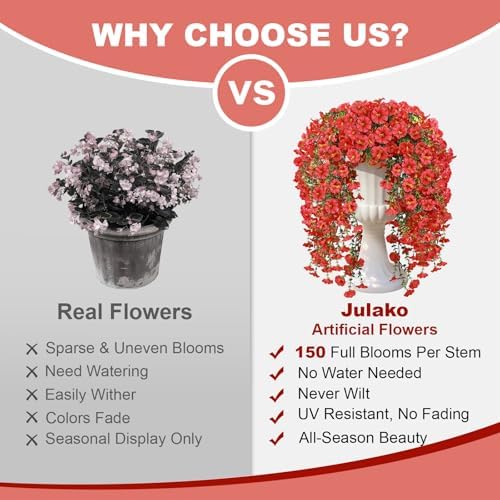 Artificial Hanging Flowers for Outdoors, 2 PCS 300 Blooms UV Resistant Morning Glory Faux Silk Vines, No-Odor Realistic Fake Plants for Garden Planter Porch Patio Decoration, Red - Image 4