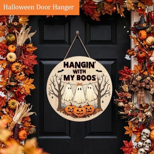 Halloween Decorations Wooden Sign for Home, Hangin' with My Boos Ghost Sign - Image 3