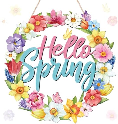 Yalikop Hello Spring Door Sign Door Wreath Wooden Spring Decor Sign Hollow Flower Welcome Hanging Signs Rustic Farmhouse Wall Plaque for Home Room Bedroom Indoor Outdoor Decorations by Yalikop
