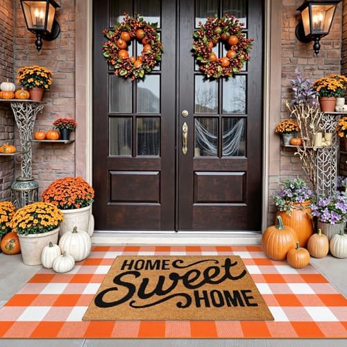 Uphome Bufflo Plaid Outdoor Rug 3'x5', Fall Decor Checkered Front Door Mat, Indoor Outdoor Farmhouse Porch Rug for Layered Door Mats, Washable Halloween White/Orange Area Rugs for Patio Entryway - Image 5