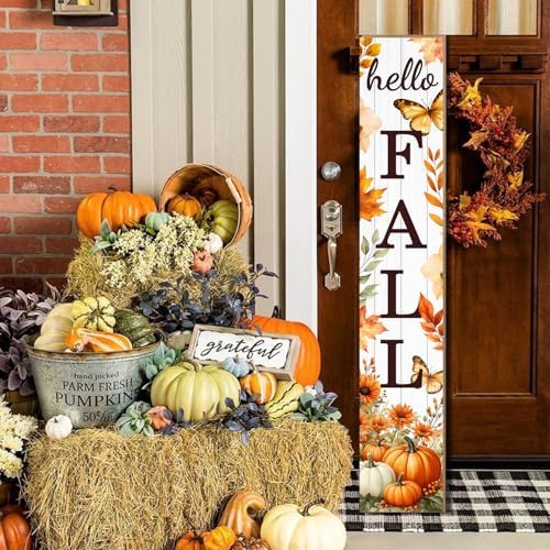 Hello Fall Porch Sign Autumn Pumpkin Maple Leaf Welcome Sign Vertical Standing Sign For Front Porch Decor Farmhouse Hanging Wall Sign for Patio Yard Party Indoor Outdoor Thanksgiving Decoration 47.2"H - Image 2