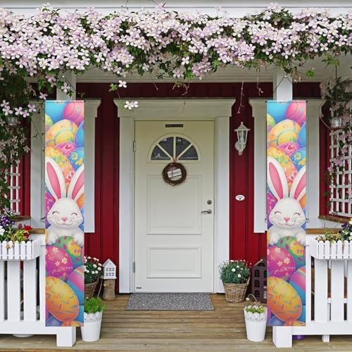 Eggs Rabbit Porch Sign Hanging Easter Outdoor Welcome Signs for Porch Decorations Door Banners for Front Door 2 Packs Outdoor Decor Banner Flag for Porch Home Yard Garden Party Decor - Image 2