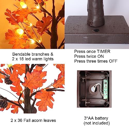 hogardeck Fall Decorations for Home, 2 Pcs 24”2FT Lighted Acorn Leaves Tree Fall Decor with Warm White LEDs, 6 Acorn Lampshades and 6 Pine Cone Ornaments Battery Powered Timer for Autumn, Thanksgiving - Image 4