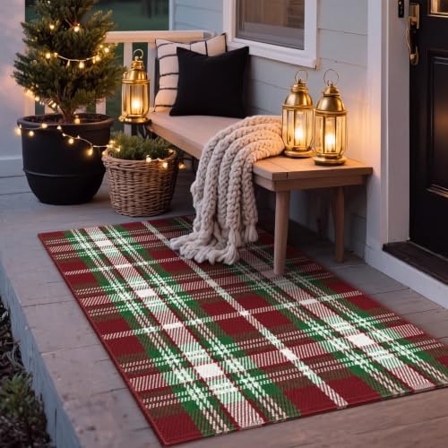 Moucuny 2'4'' X 3'7'' Red Green White Brown Christmas Plaid Outdoor Rug - Image 4