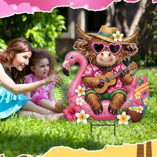 Amyhill Summer Highland Cow Outdoor Decor Metal Hawaiian Highland Cow Yard Signs with Stakes Tropical Pink Flamingo Decorative Lawn Signs for Indoor Outside Garden Pathway Walkway Holiday Party Decor - Image 4