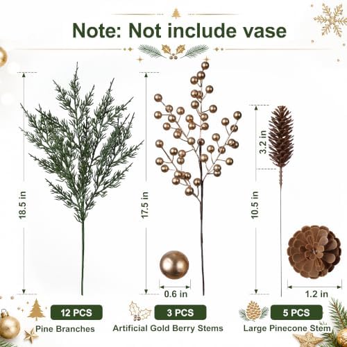 Faux Cedar Stems Artificial Norfolk Pine Branches for Christmas Decorations, 20 PCS Faux Pine Stems with Pinecones Gold Berries Branches Realistic Faux Greenery for Vases DIY Garland Xmas Table Indoor - Image 6