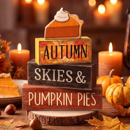 Lineshading 3 Pcs Fall Table Decor, Pumpkin Pie Wood Block Sign Home Tray - Image 2