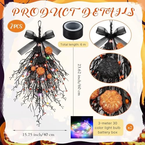 2 PCS Halloween Wreaths Halloween Floral Teardrop Swags Hanging Swag Plants Black Garland with Pumpkin Berries and 9.8ft Lights for Indoor Outdoor Party Wall Home Room Fireplace Porch Window Decor - Image 3