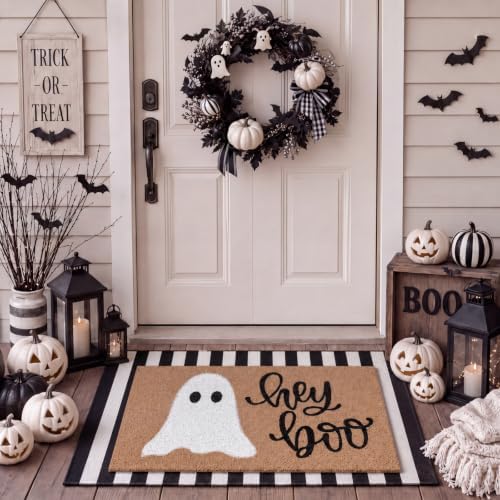 Tinideya 2 Pcs Halloween Door Mat Layered Hey Boo Ghost Welcome Mat - Image 4