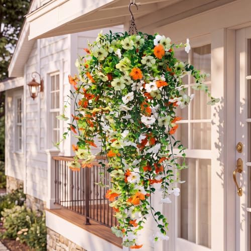 6 Pcs Fall Artificial Hanging Flowers Outdoor, Beige,Green Orange - Image 4
