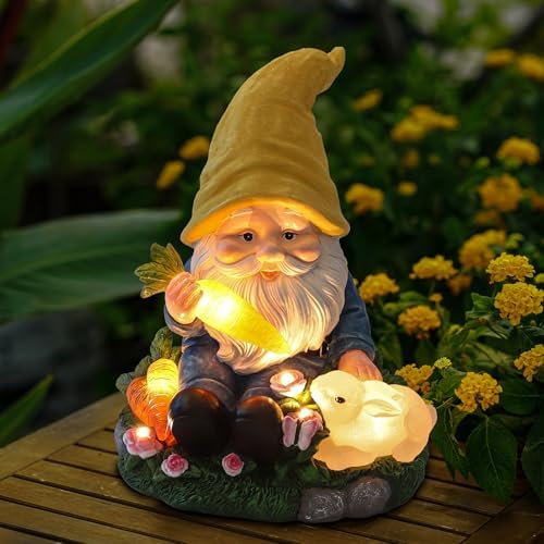 Solar Garden Outdoor Statues Gnome Feeding Rabbit with 6 LED Lawn Decor Outside Decorations for Patio, Balcony, Yard Ornament Unique Garden Gift - Image 6