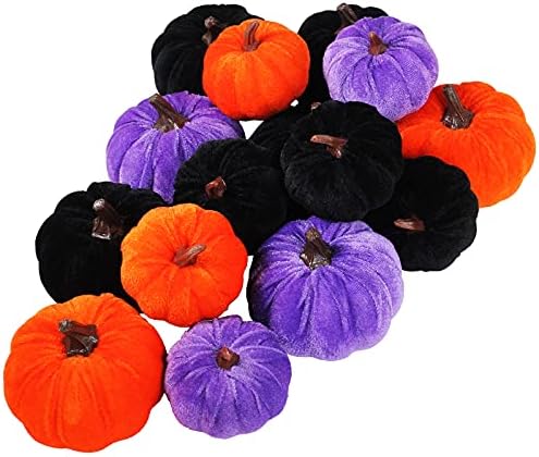 Set of 16 Assorted Faux Rustic Decorative Halloween Pumpkins Black Velvet Foam Pumpkins in Orange Purple Black for Farmhouse Fall Wedding Halloween Table Centerpiece Mantel Kitchen Decor by Winlyn