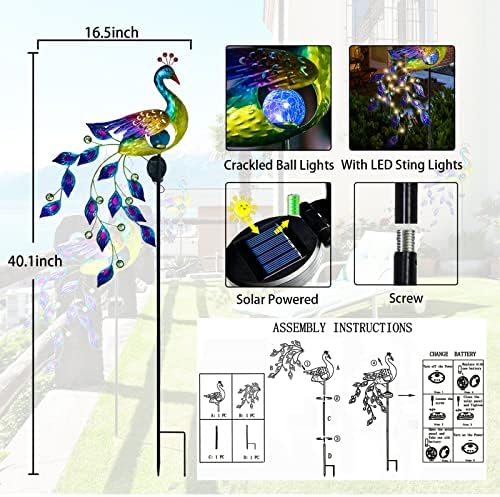 DREAMSOUL Peacock Solar Lights Outdoor Crackle Glass LED Lawn Patio Decor - Image 6