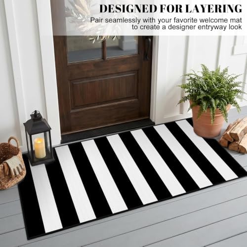 Black White Striped Entryway Rug 2 x 4.3 Ft, Front Porch Area Mat - Image 4