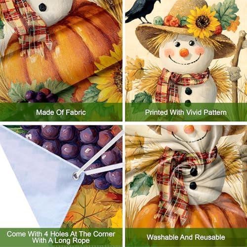 Welcome Fall Door Cover 35.4x70.8in, Autumn Harvest Scarecrow Pumpkin Sunflower Front Porch Banner, Rustic Thanksgiving Halloween Backdrop for Indoor Outdoor Home Yard Wall Decorations - Image 3