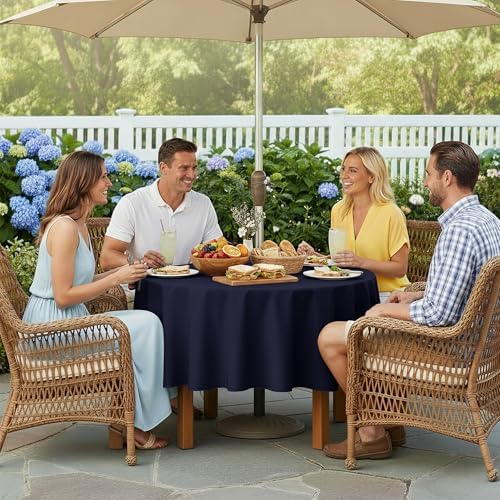 LUSHVIDA Round Outdoor Tablecloth with Umbrella Hole 60 Inch Navy - Image 3