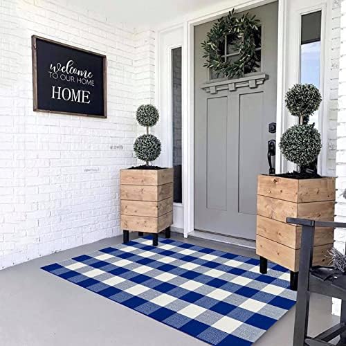 MUBIN Cotton Buffalo Plaid Rug, 3' x 5' Blue White Outdoor Rug Front Door Decorative Mat, Washable Doormat Hand-Woven Foldable Area Rug Layered Door Mats Rug for Front Porch, Entryway, Patio - Image 3