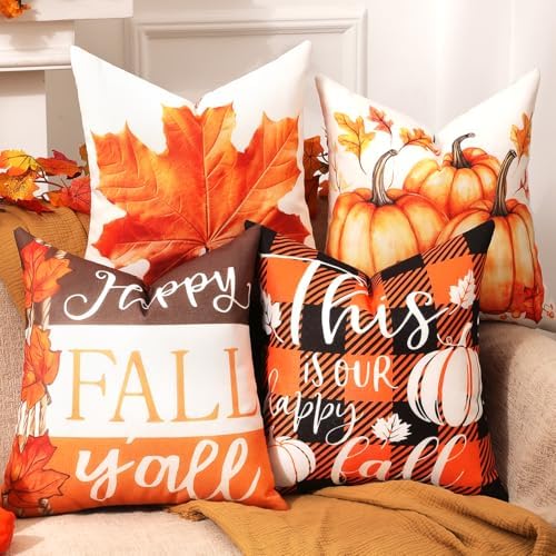 TOYPOPOR Fall Decorations for Home, Double Sided Throw Pillow Covers 20x20 Set of 4 Outdoor Indoor Fall Decor Pumpkin Fallen Leaves Autumn Thanksgiving Throw Pillow Cover for Living Room Bedroom Couch by TOYPOPOR