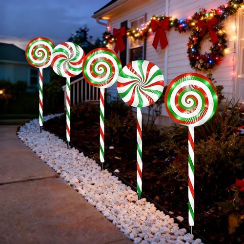 Christmas Lollipop Pathway Lights-5 Pack Solar Powered Outdoor Garden Path Lights Xmas Candy Cane Landscape Lighting Solar Waterproof Decorative Lights Decorations Outside Yard - Image 5