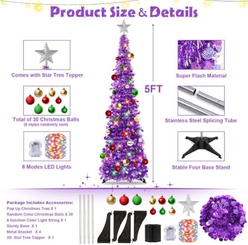 N&T NIETING Pop Up Christmas Tree with Lights & Ornaments, 5FT, Dark Purple - Image 3
