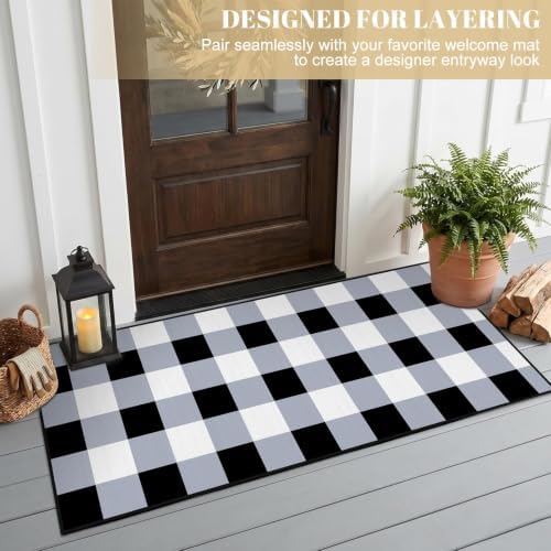 Black White Plaid Outdoor Rug 2 x 4.3 Ft, Front Door Layering Mat - Image 4