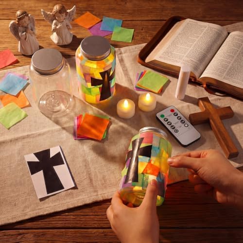 Qinyoung 12 Pcs Religious Cross Craft Mason Jar Tissue Paper Craft with LED - Image 3