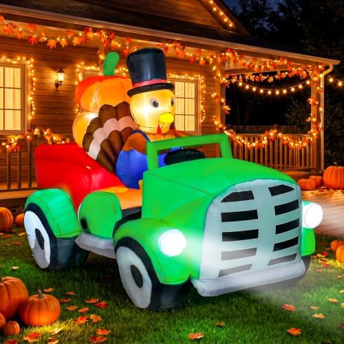 AerWo 8FT Thanksgiving Inflatables Turkey Outdoor Decorations, Blow Up Turkey Inflatable Driving Car Built-in LED Lights for Happy Thanksgiving Party Outside Yard Garden Holiday Autumn Fall Decor - Image 2