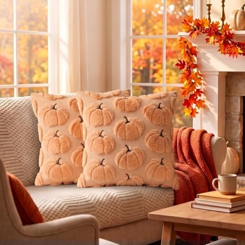 Fall Pillow Covers Pumpkin Fall Decor 16x16 Set of 2 Apricot - Image 4